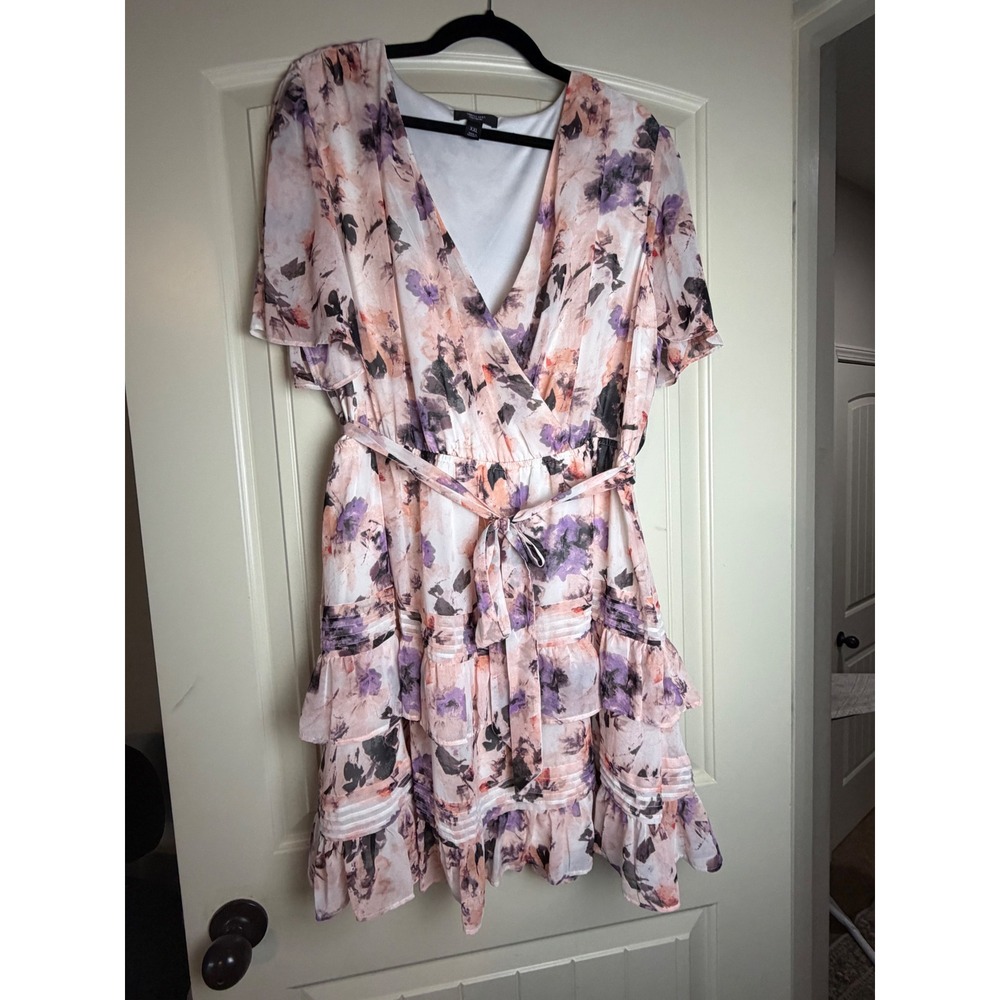 Simply Vera Vera Wang Floral Chiffon Wrap Dress XXL Purple Peach Ruffle Tiered